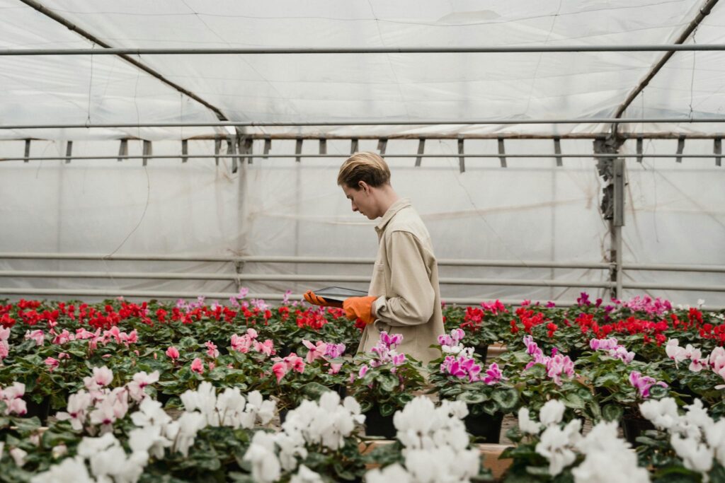 Man surrounded with Flowering Plants
